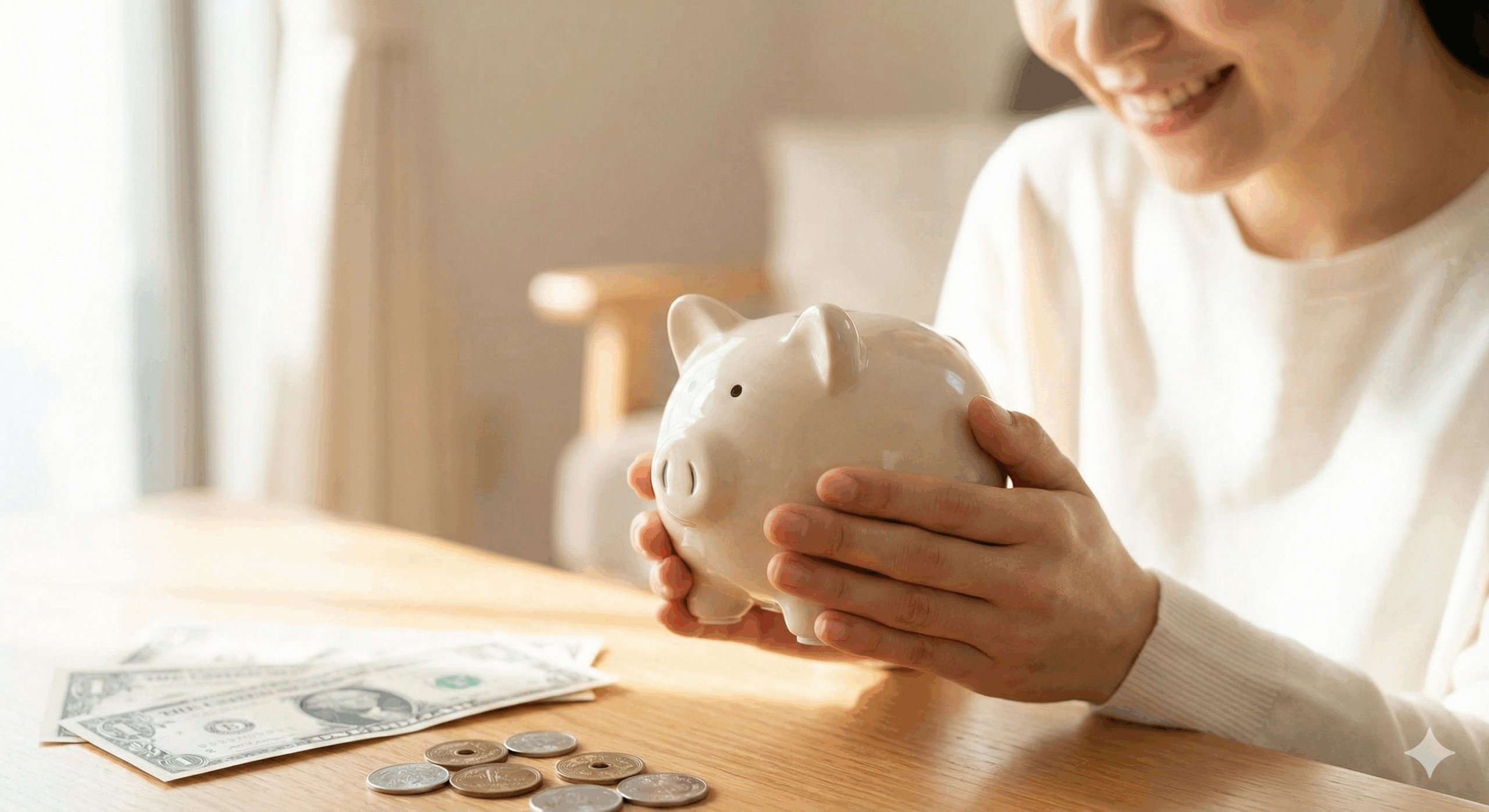 女性の手のひらに乗った日本円の硬貨と米ドル紙幣。さらに後ろには貯金箱があり、経済的な豊かさを表現。