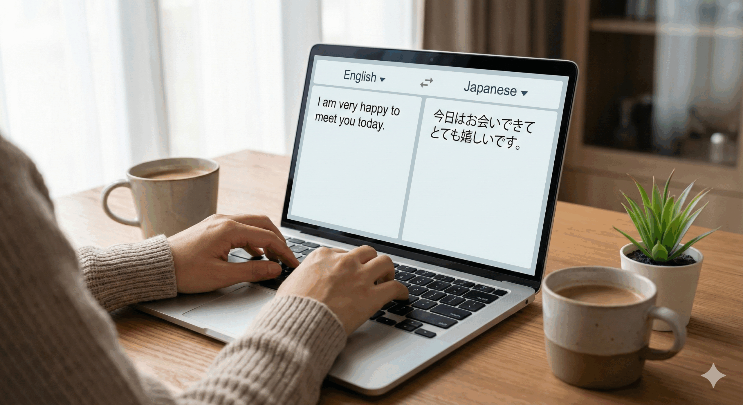 ノートパソコンの画面に翻訳ツールが表示されている様子。女性がリラックスして作業している手元。