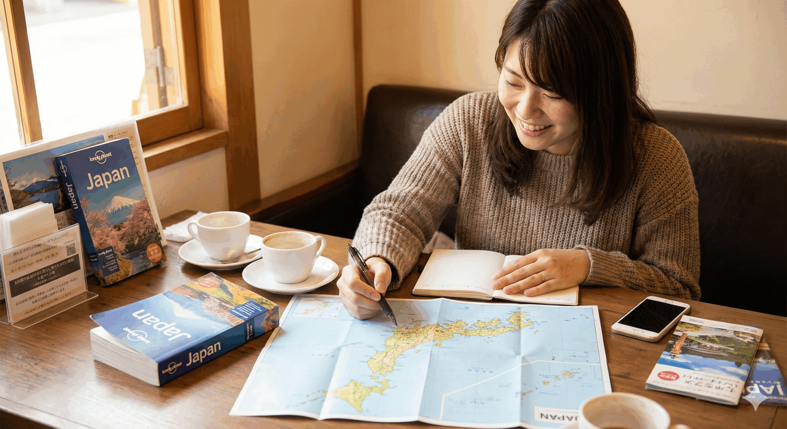 日本のガイドブックや地図を広げて、笑顔で旅行プランを練っている日本人女性の様子。楽しそうな雰囲気。
