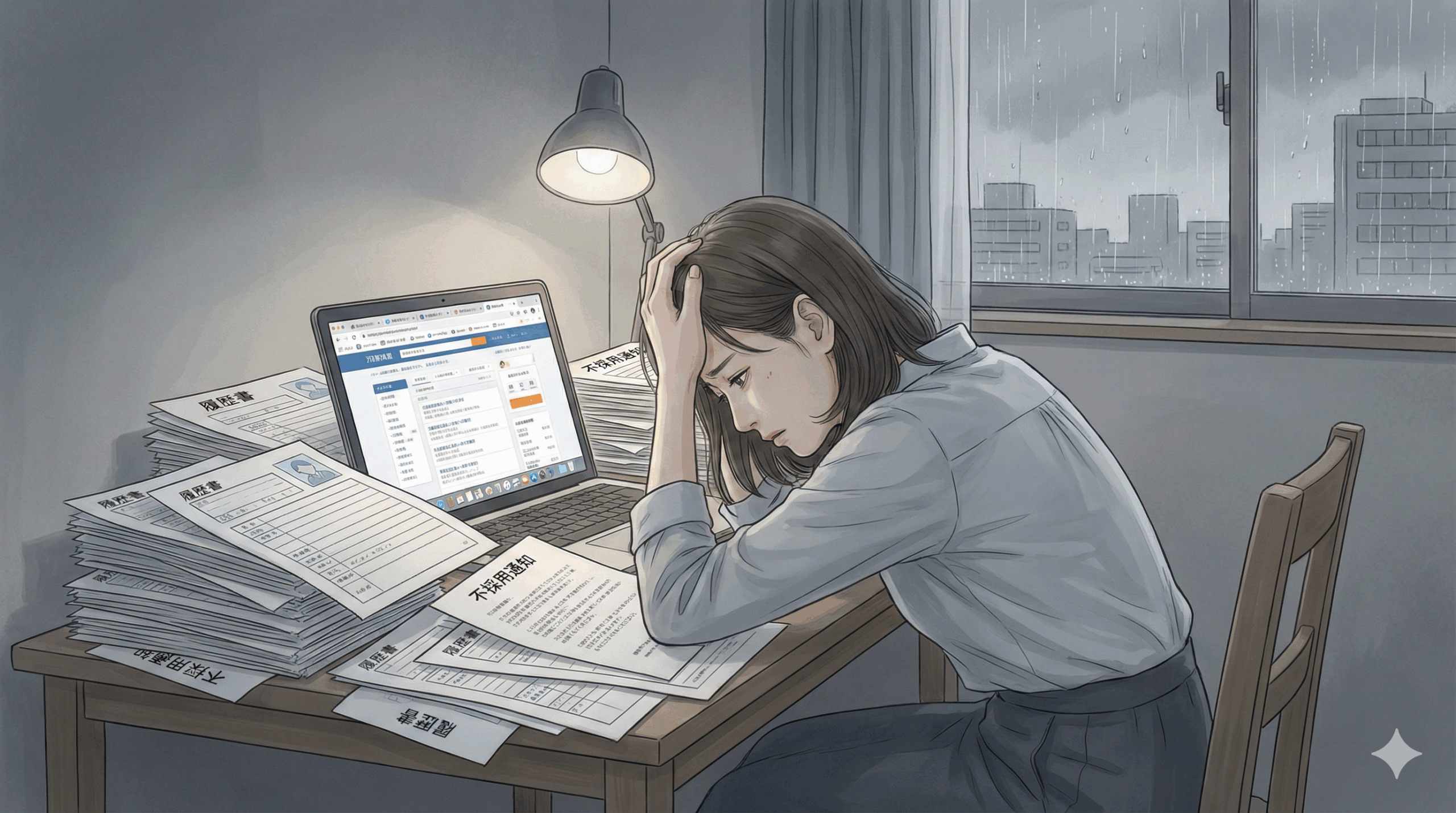 たくさんの応募書類の山に埋もれて疲れている日本人女性のイラスト。競争率の高さを表現。
