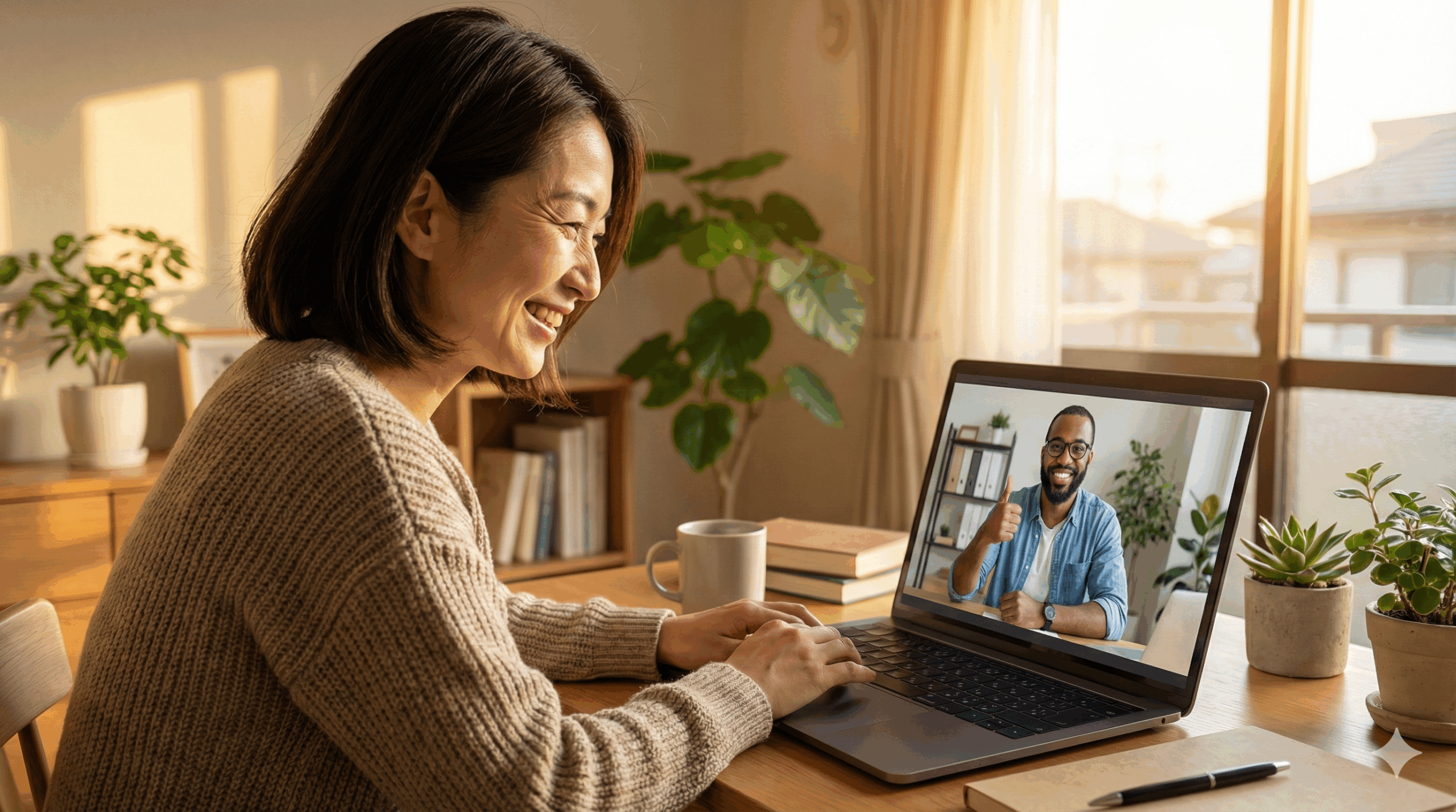 日本人女性が笑顔でパソコンに向かい、画面の向こうの外国人が親指を立てて「Good!」としている様子。