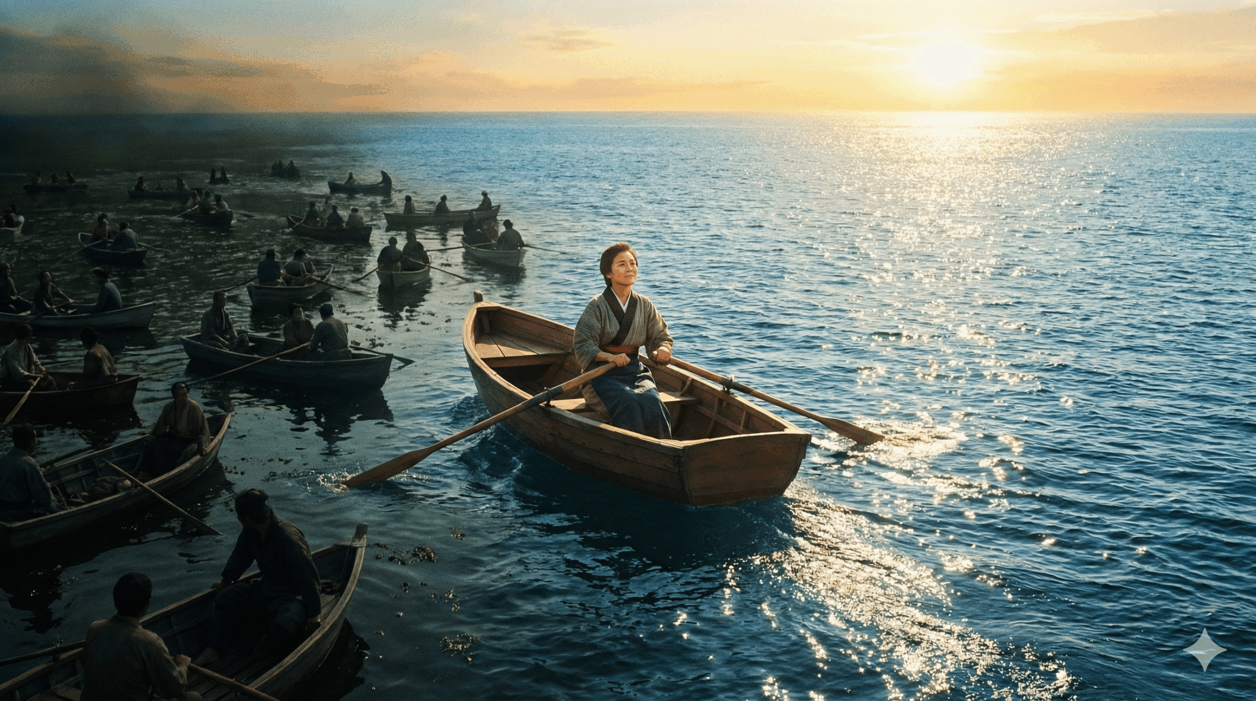 混雑した狭い池から、広々とした美しい青い海へ小舟で漕ぎ出す日本人女性の後ろ姿。自由と可能性。