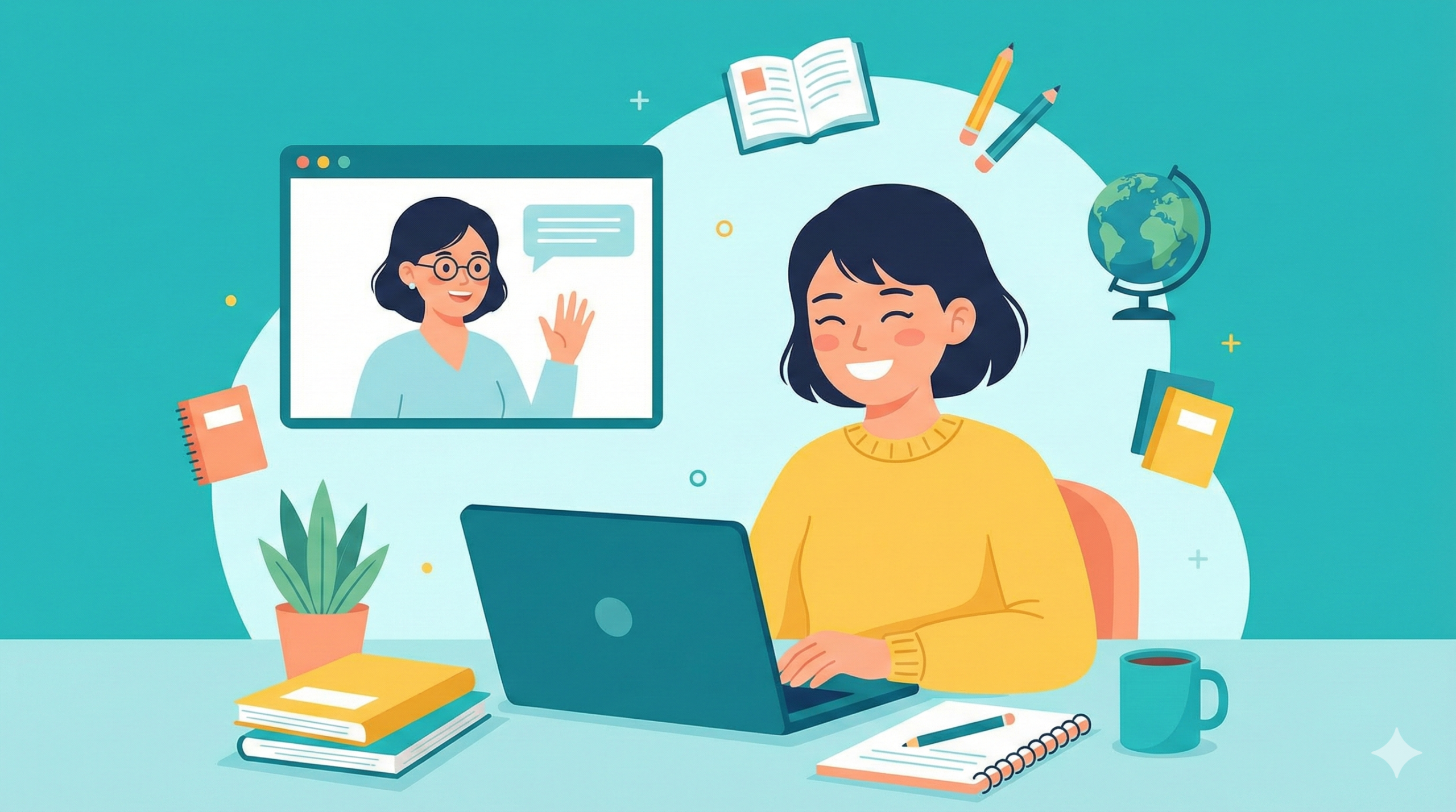 オンラインで繋がっている講師と生徒のイラスト。明るくクリーンな雰囲気で、学びと成長を表現。