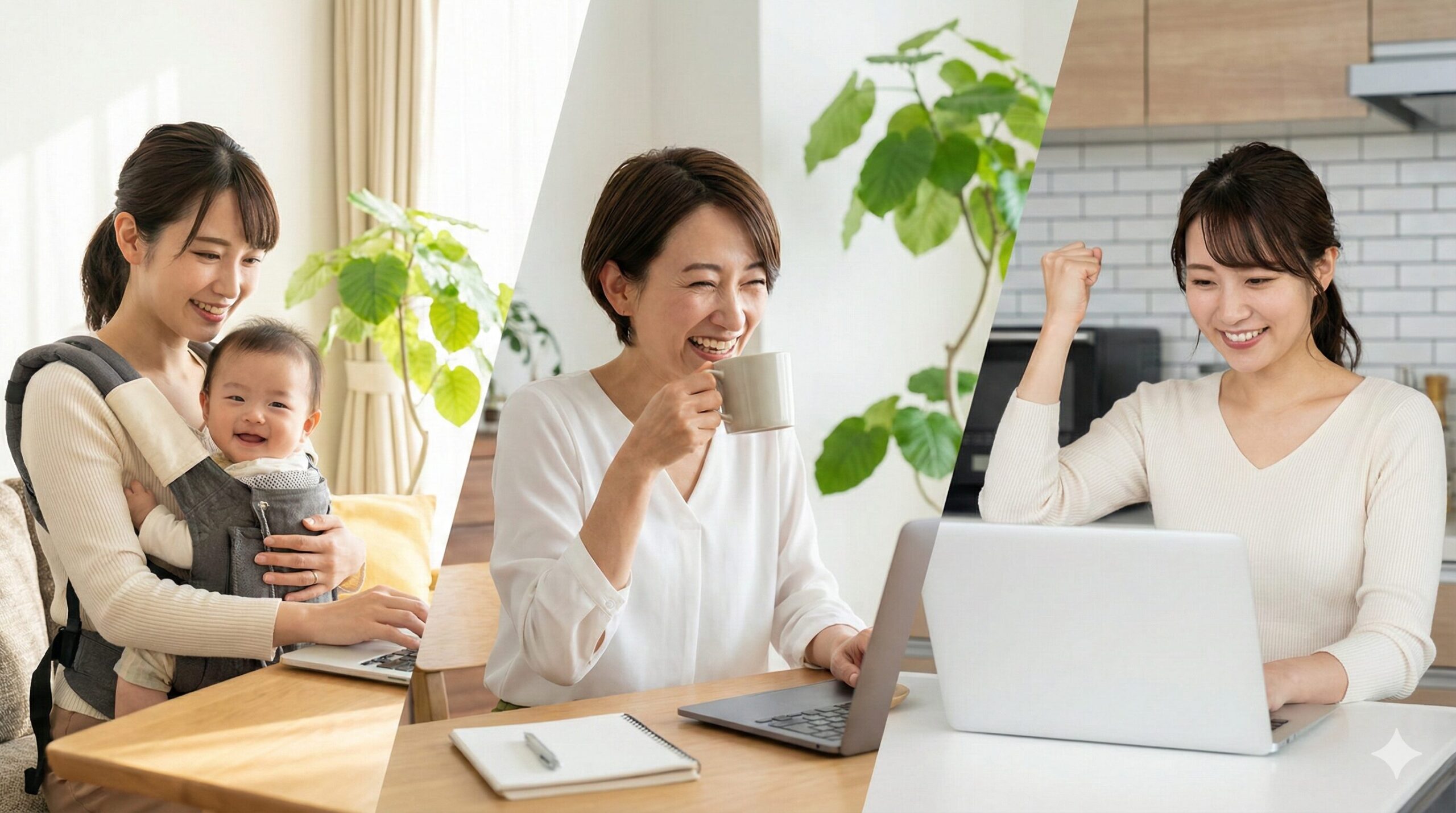 様々な年代、ライフスタイルの日本人女性たちが、ガッツポーズをしたり笑顔でPCに向かっている様子。