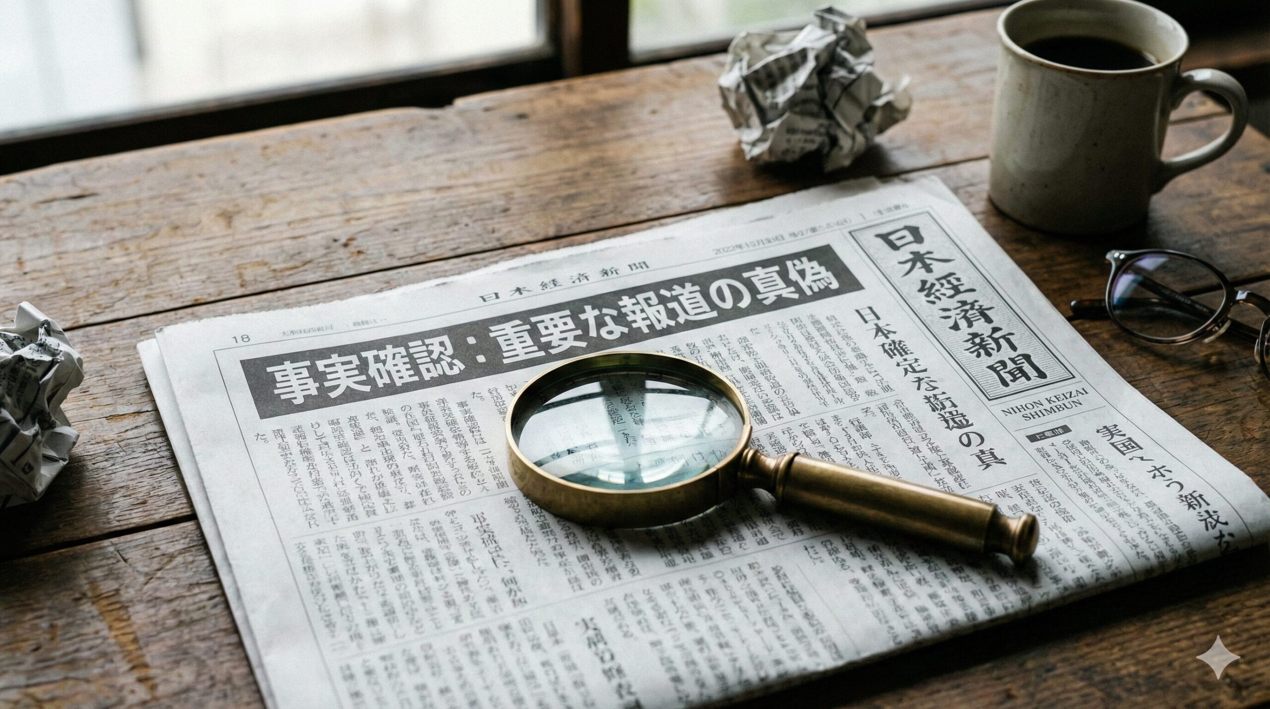 机の上に置かれた新聞と虫眼鏡。新聞には「信頼」「実績」の文字が浮かび上がっているイメージ。