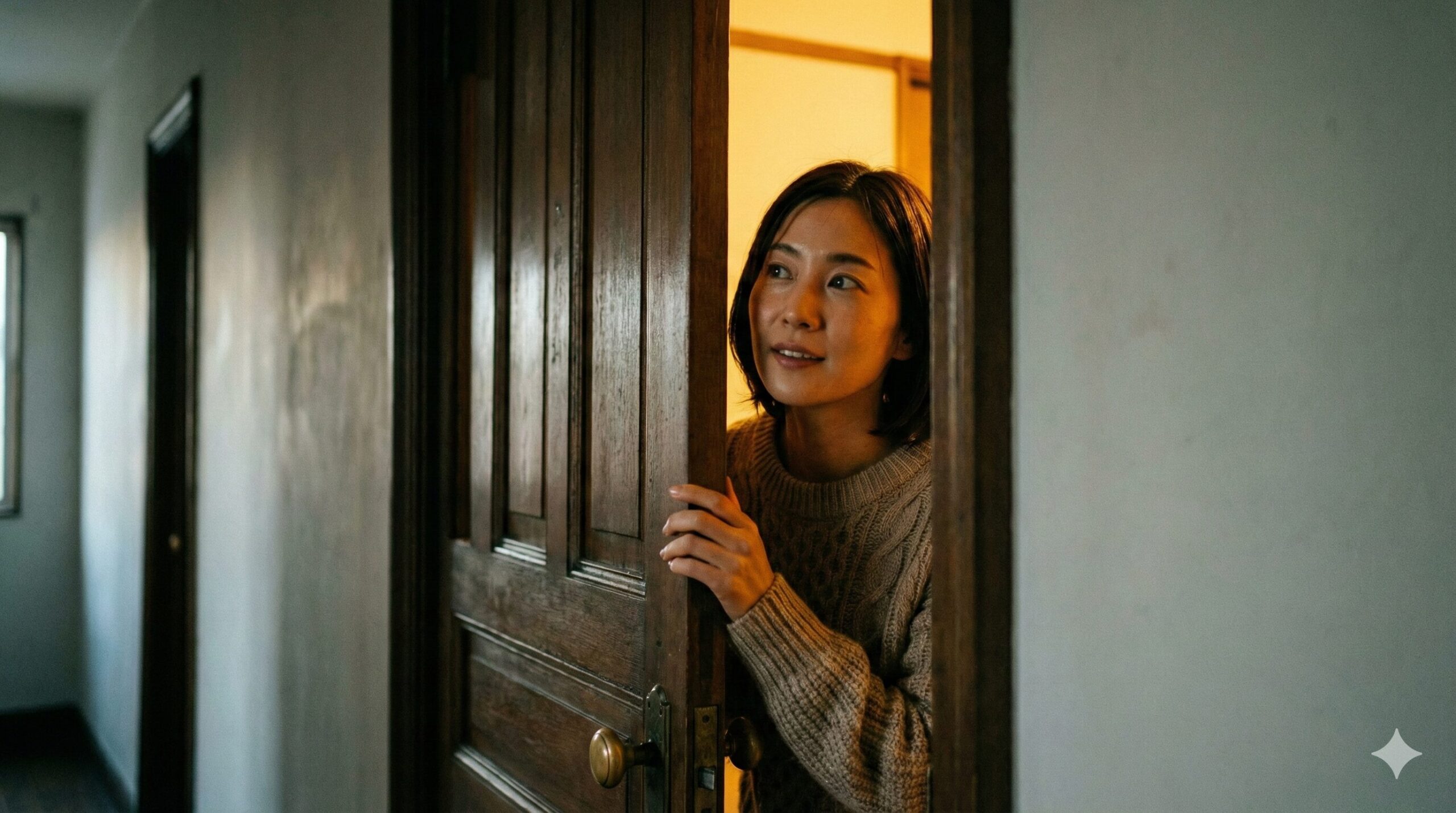 扉を少し開けて、中の明るい光を覗き込んでいる日本人女性。不安が期待に変わる瞬間。