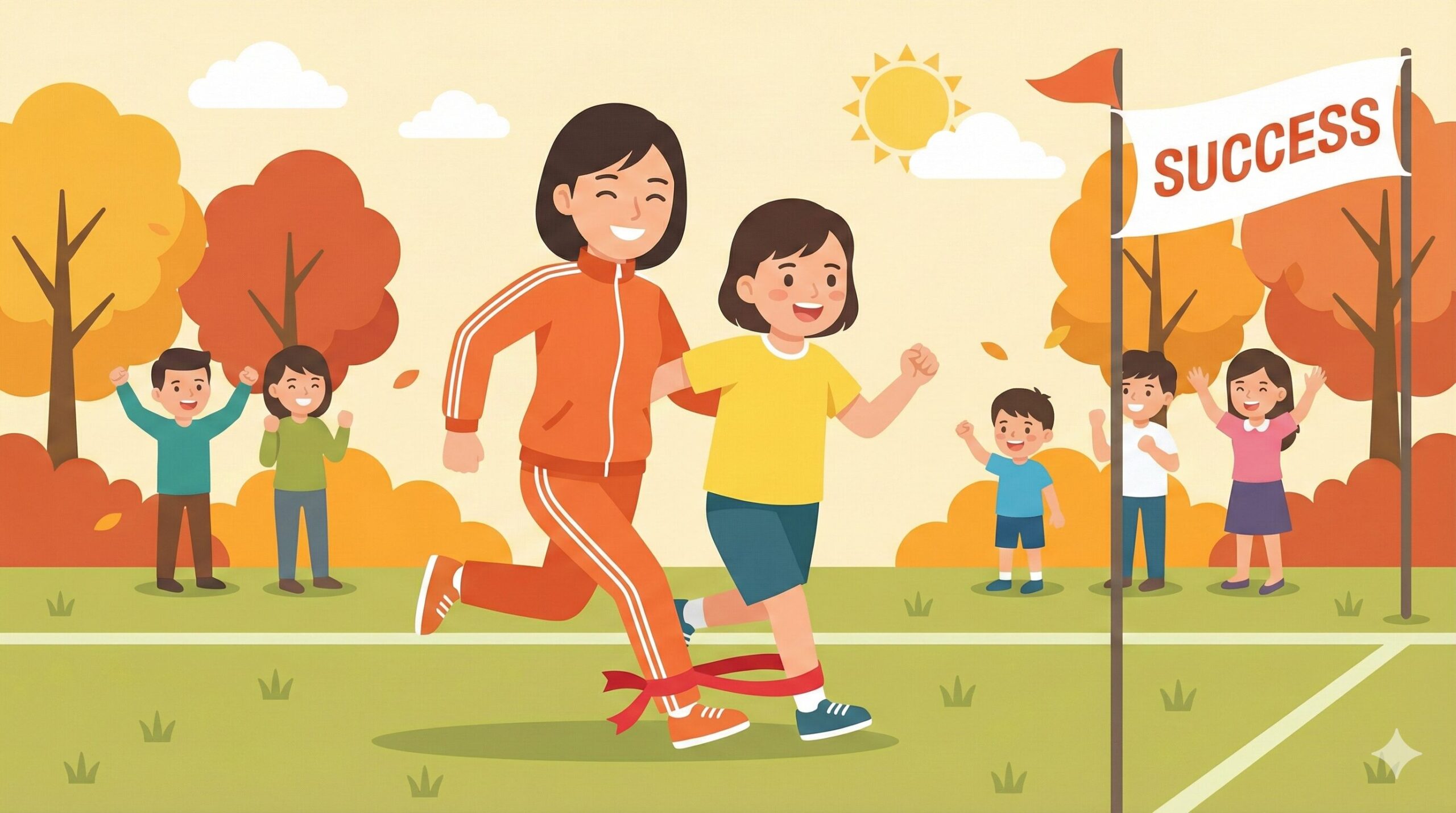 ゴールに向かって二人三脚で走る、笑顔の女性講師と生徒のイラスト。サポートと絆を表現。