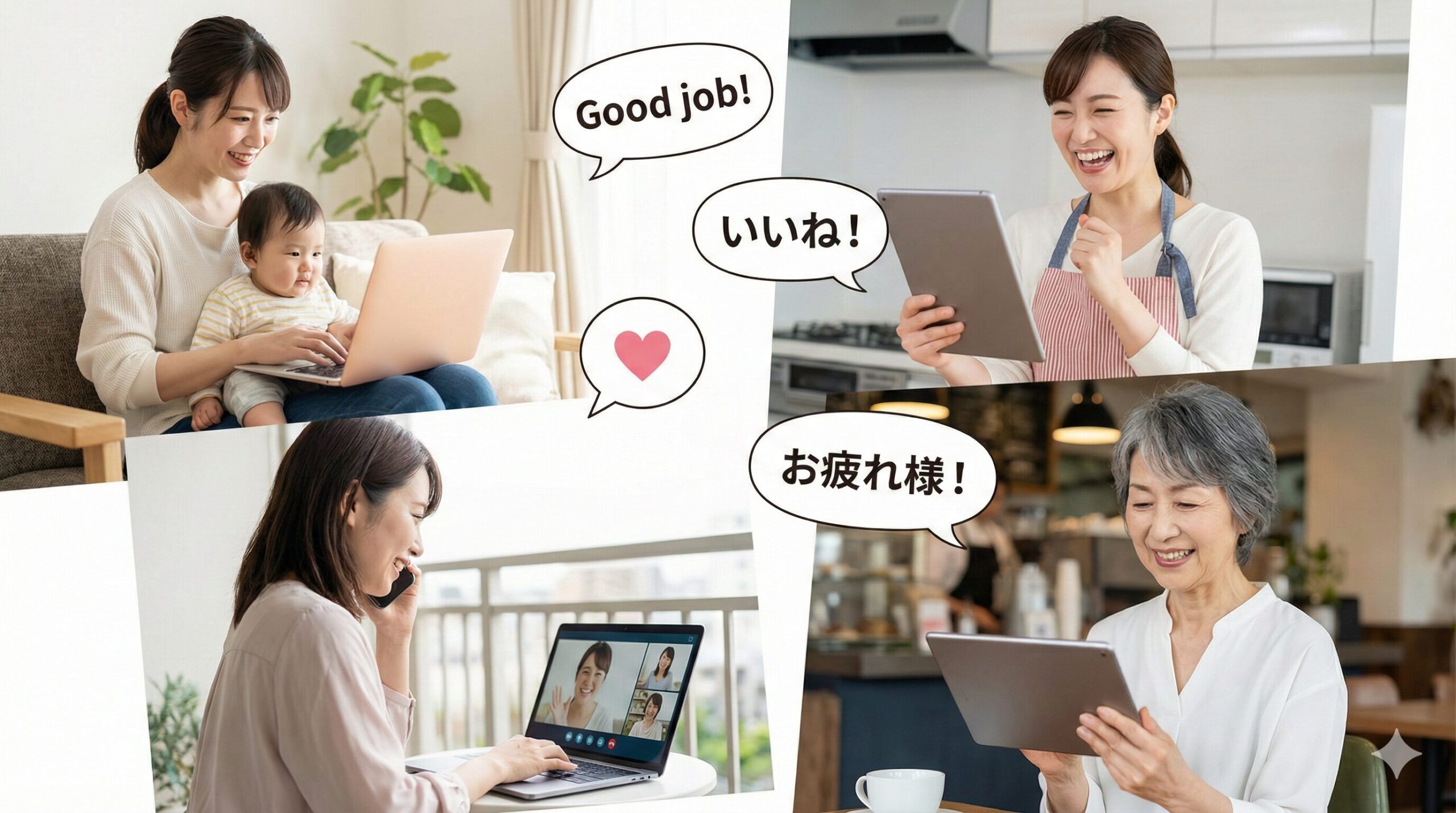 PC画面上でチャットを楽しむ女性たちのコラージュ。吹き出しには「頑張ろう！」「できた！」などのポジティブな言葉。