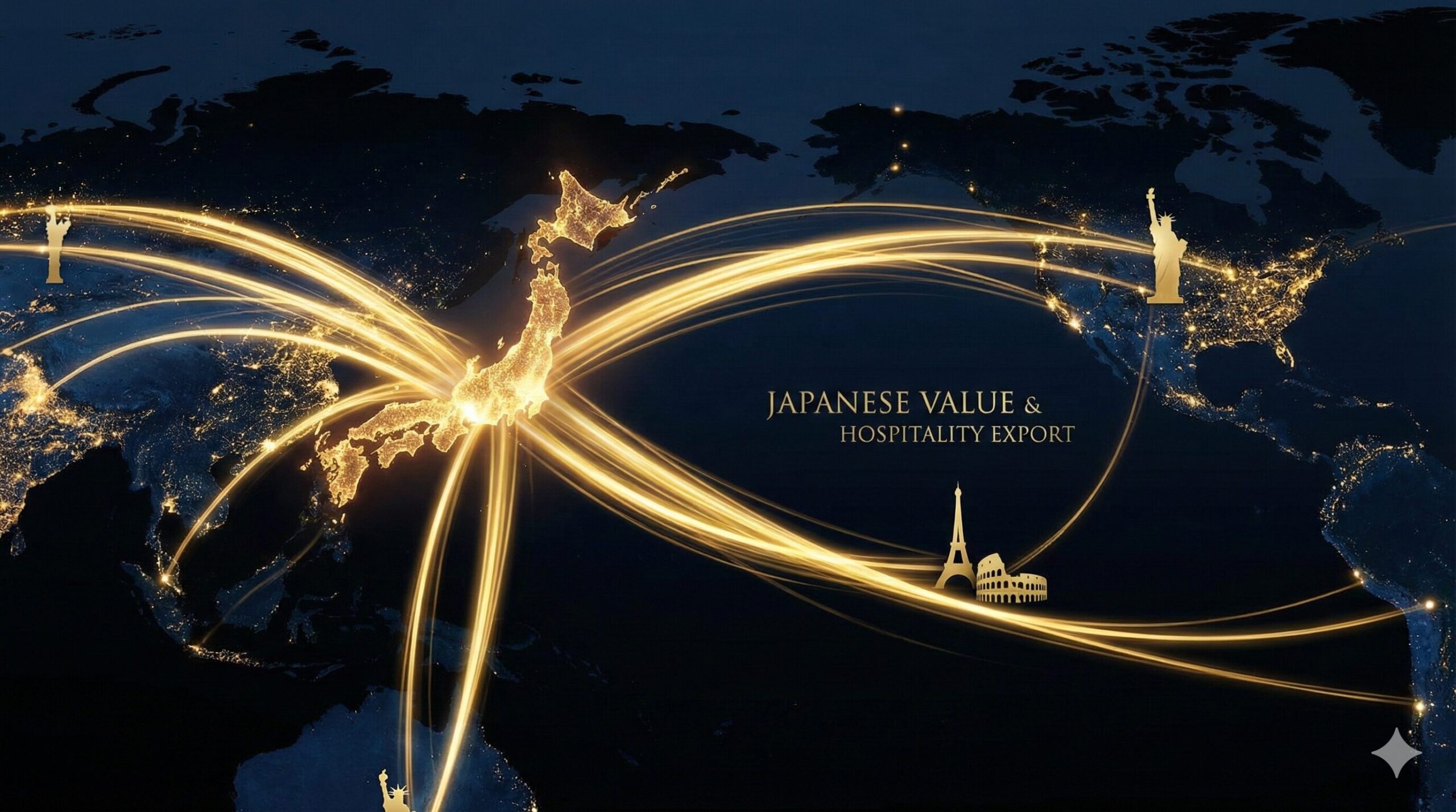 日本列島から世界中に向かって、金色の光や糸が伸びているイメージ。日本人の価値が世界に届く様子。