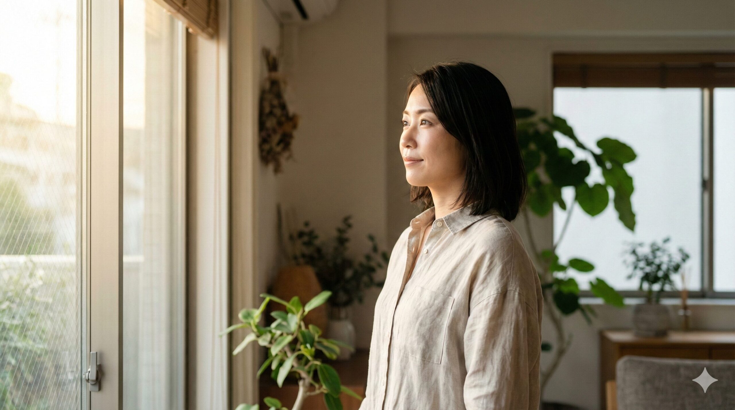 窓辺に立ち、柔らかい光を浴びながら自信に満ちた表情で未来を見つめる日本人女性。安心と希望。