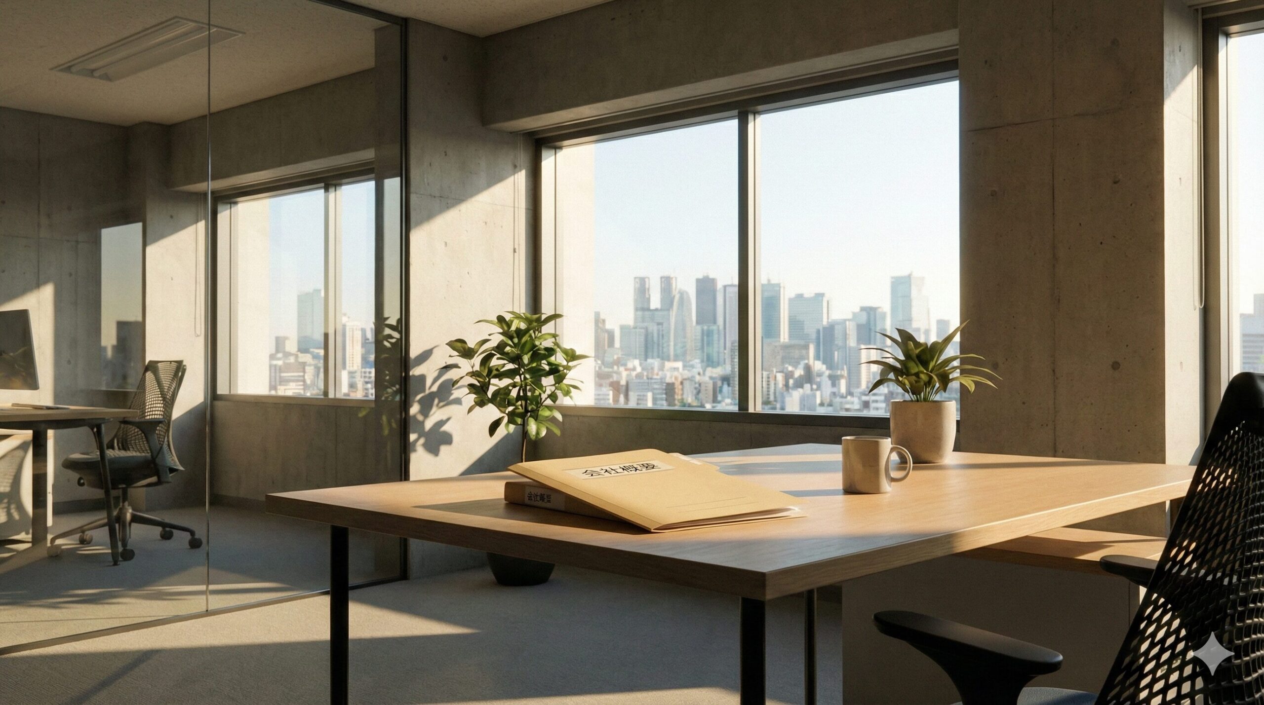 デスクの上に置かれた「会社概要」と書かれたファイル。清潔感のあるオフィスの背景。