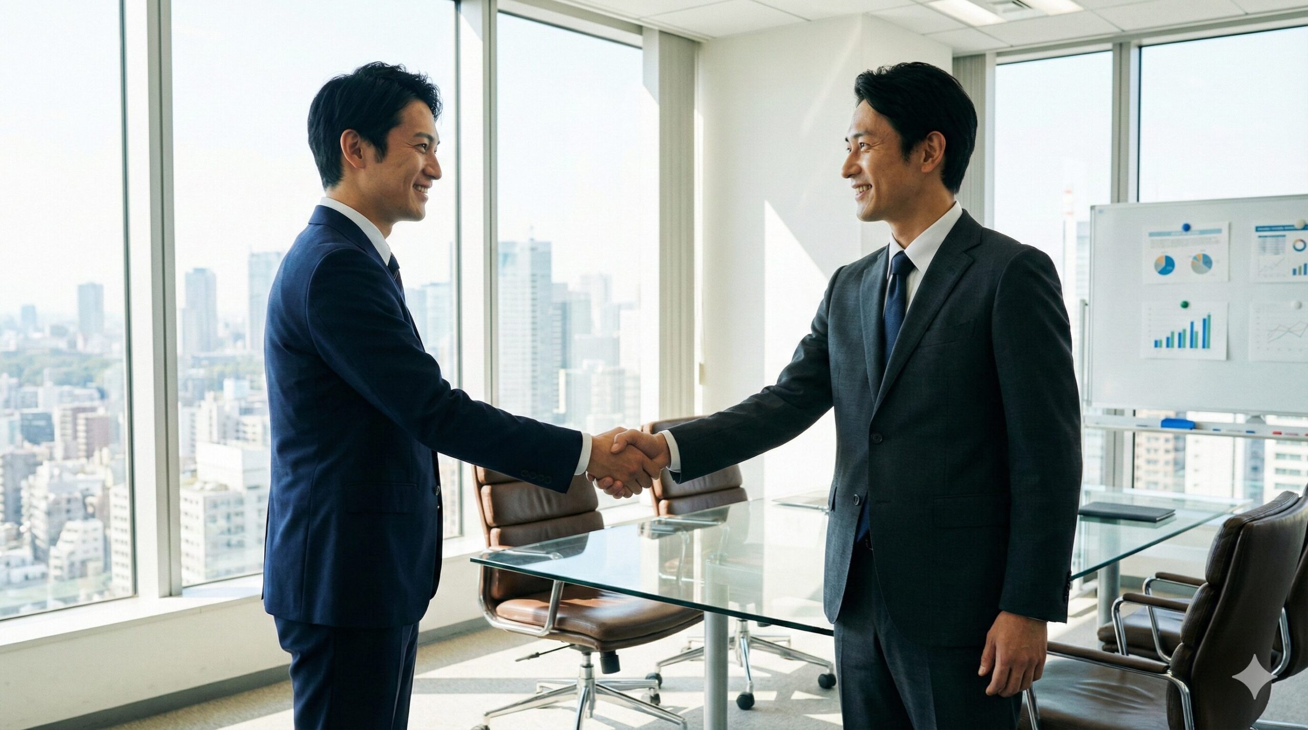 しっかりとしたスーツを着て握手をする二人のビジネスマン。信頼とパートナーシップを表現。