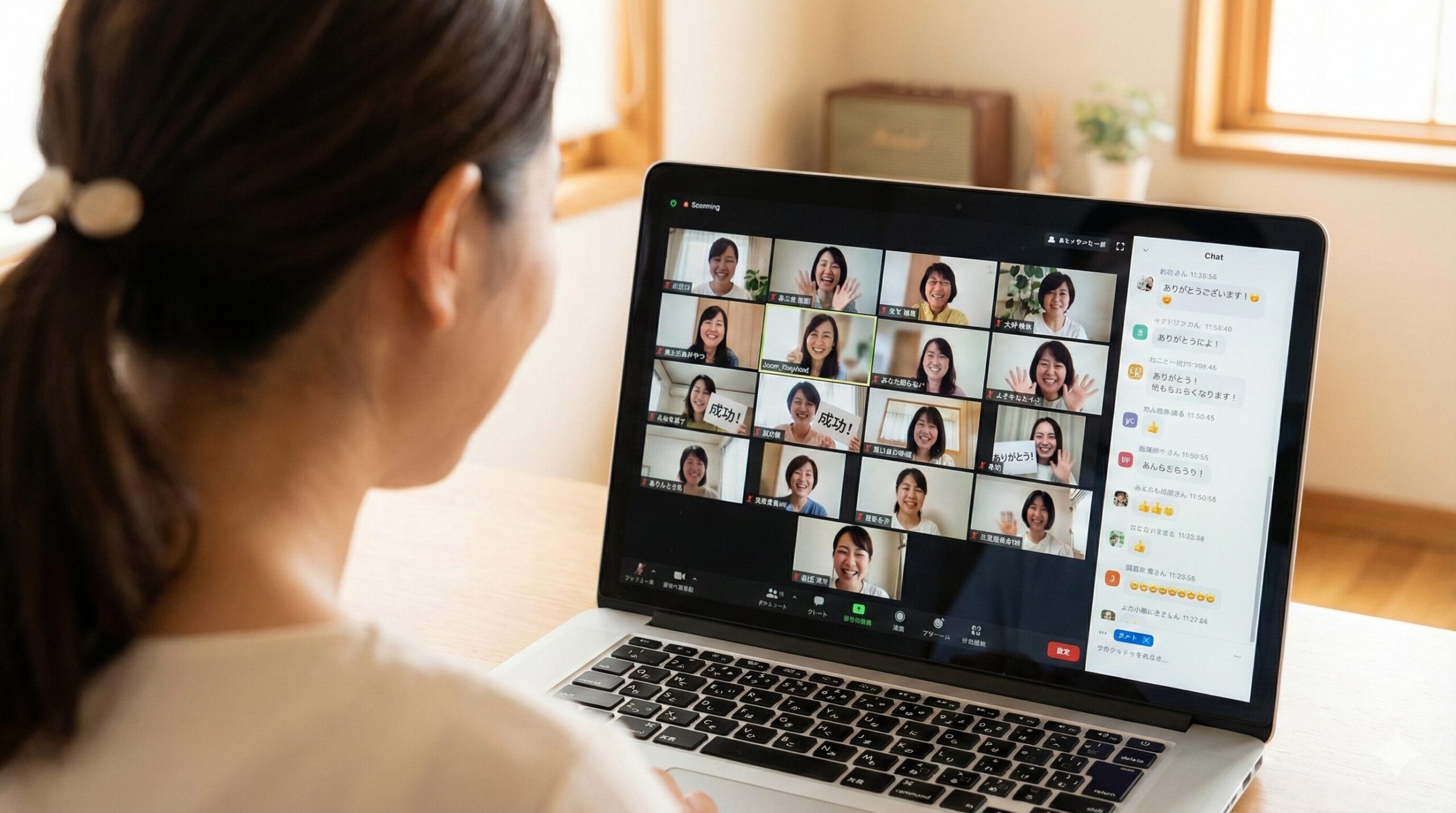 オンライン画面上にたくさんの笑顔の女性が映っている様子。活気あるコミュニティ。