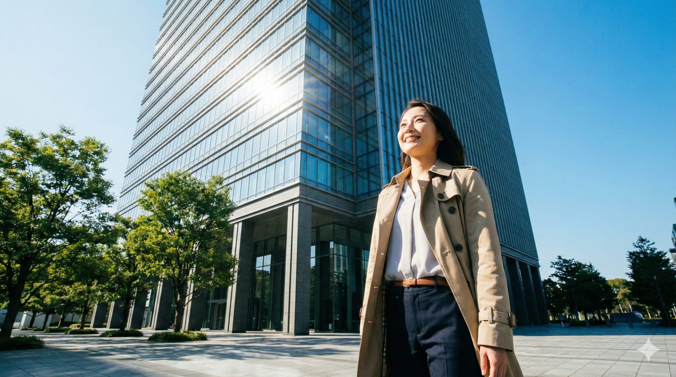 晴れ渡る青空の下、しっかりとしたオフィスビルを見上げる日本人女性。安心と信頼の表情。