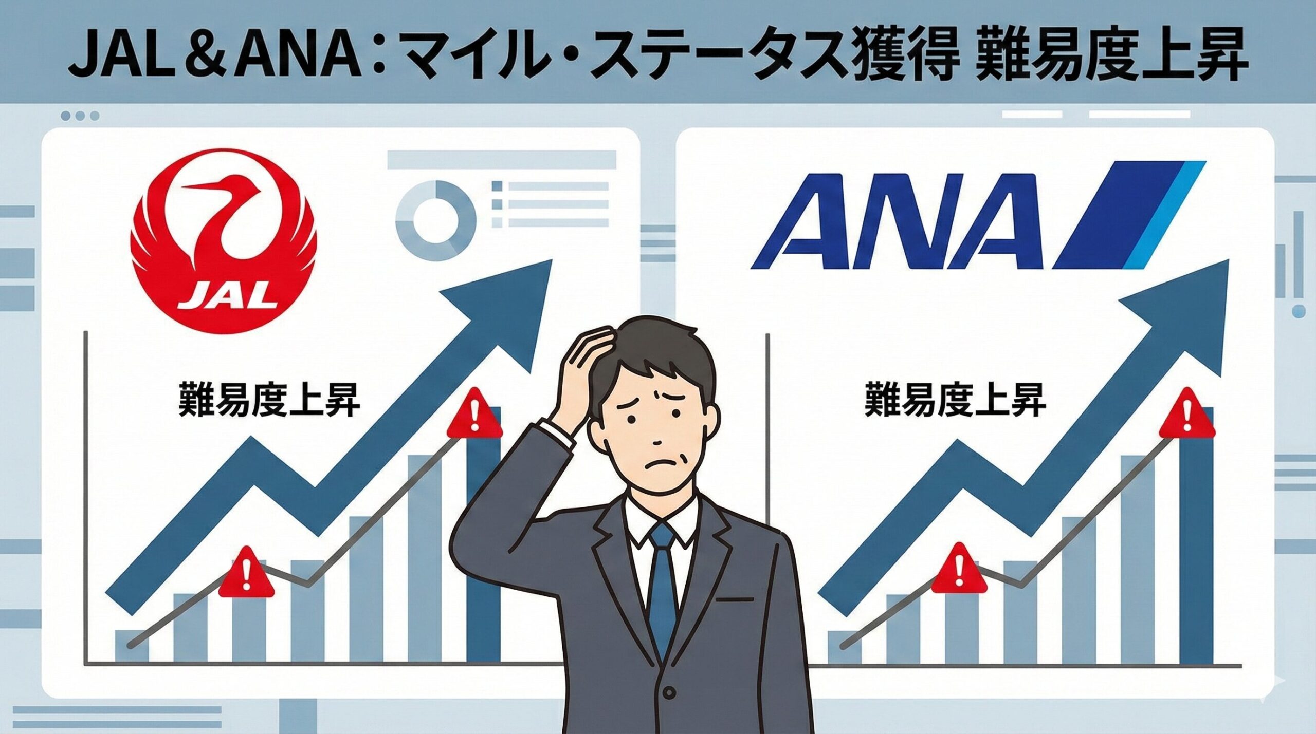 JALとANAのロゴイメージと、難易度が上がっていることを示すグラフや矢印。2026年の重要性を強調。