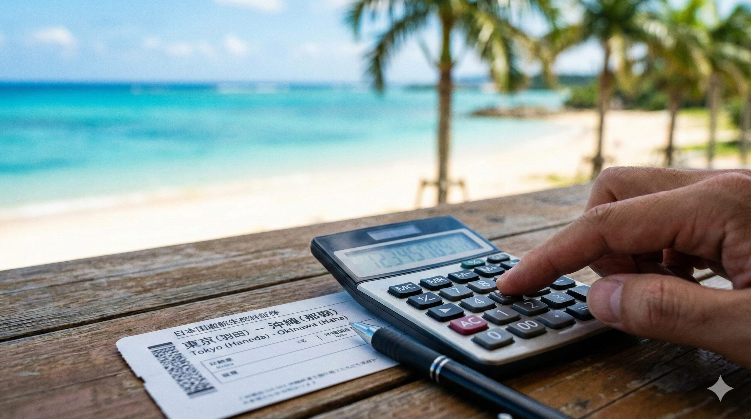 電卓で計算している手元と、羽田-沖縄間の航空券。背景にうっすら沖縄の海。効率的な計算を表現。