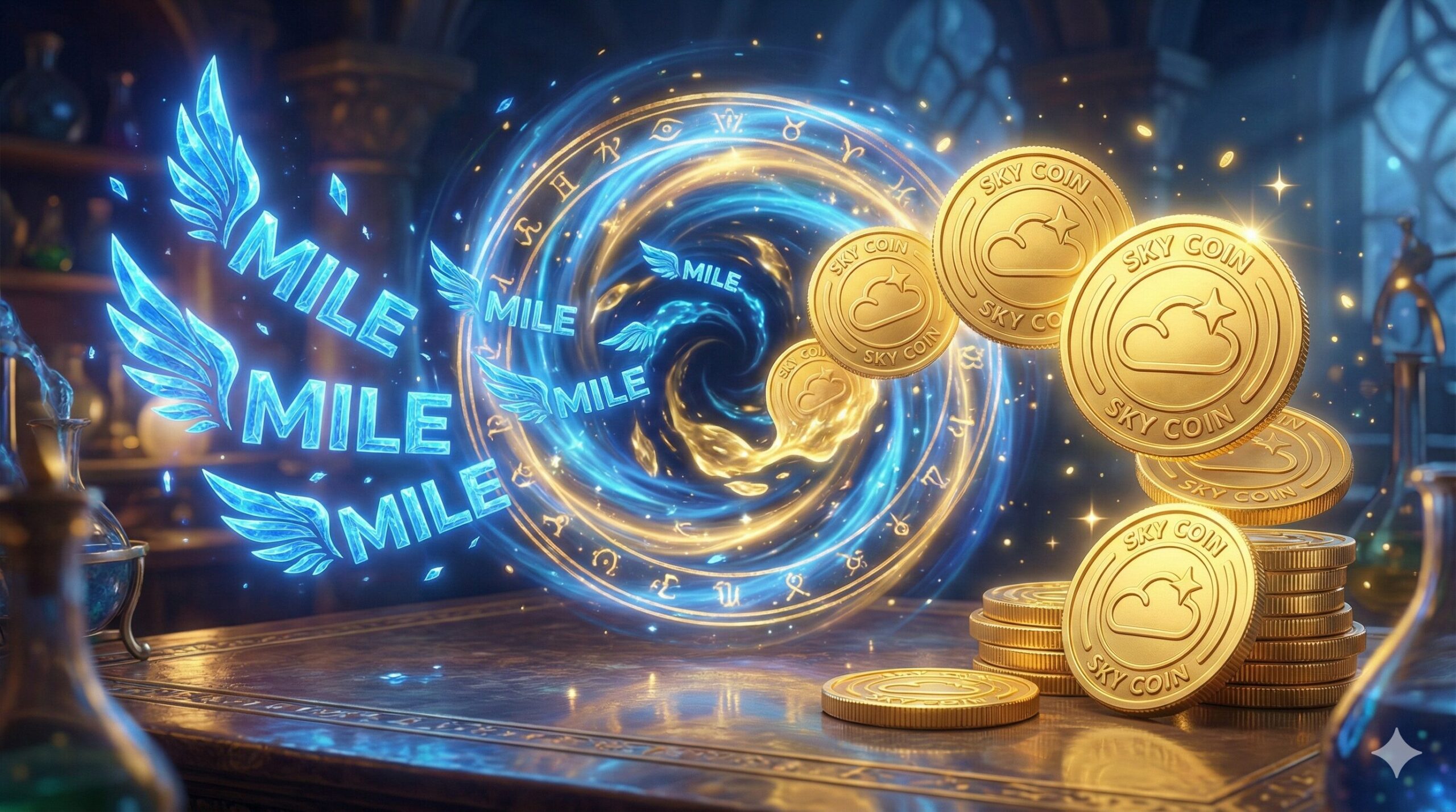 マイルのアイコンが魔法のようにゴールドのコイン（スカイコイン）に変化しているイメージ。錬金術的なお得感。