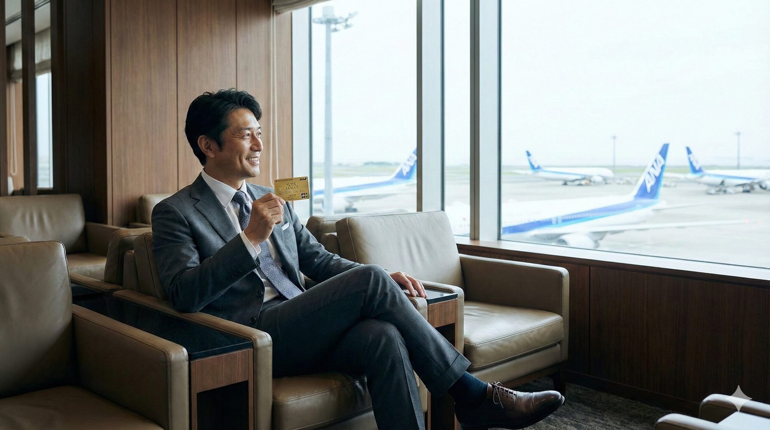 SFC（スーパーフライヤーズカード）のイメージカードを手に持ち、空港のラウンジでくつろぐ未来の自分。達成感とラグジュアリー感。